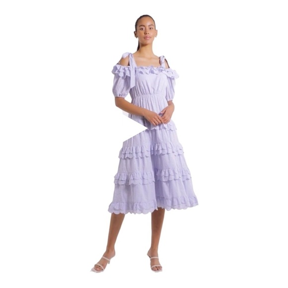 NWT BY MALINA Edda Tiered Ruffle Off the Shoulder Midi Dress Azure Blue Small - Picture 6 of 13
